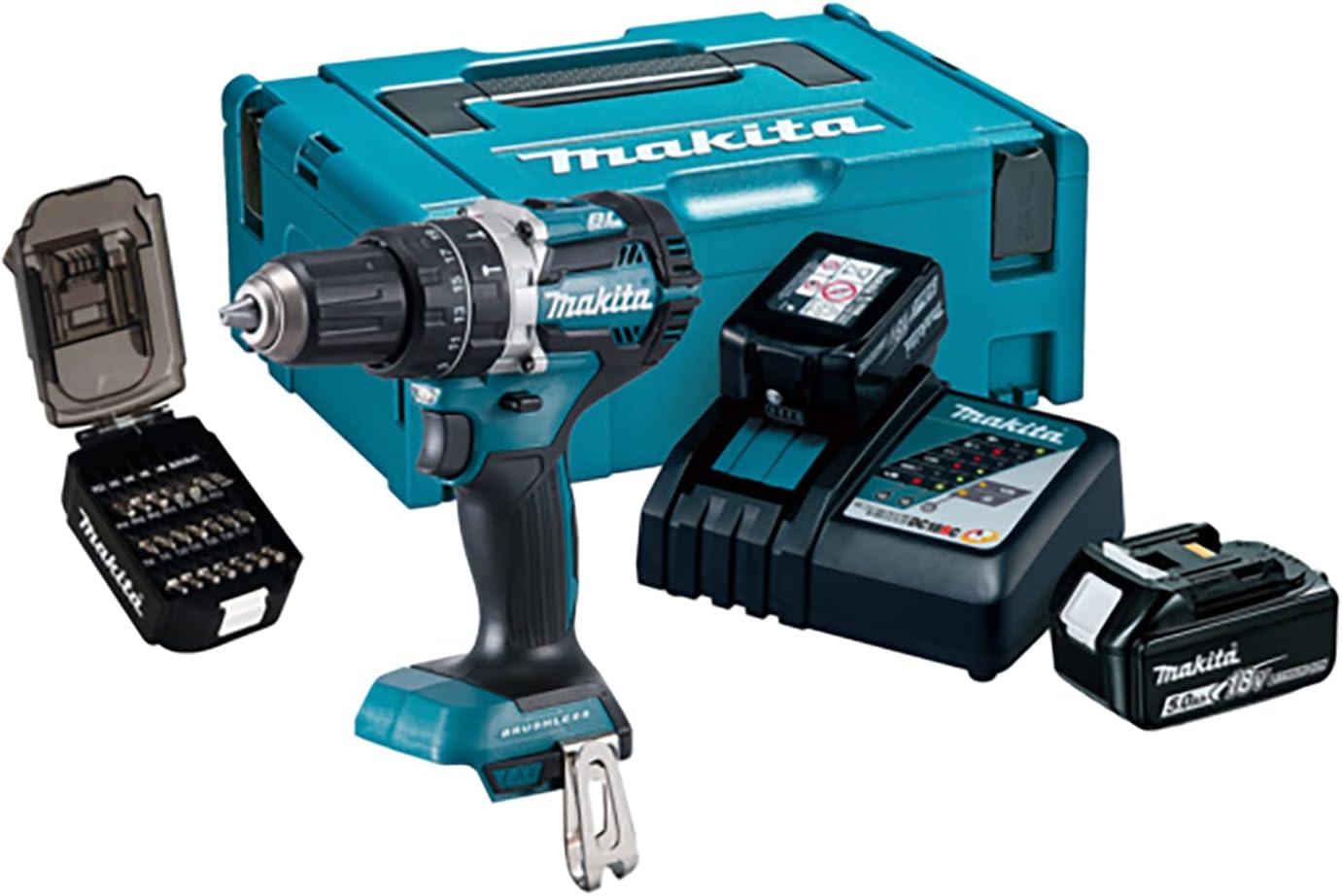 Makita DHP484TJX9 18V Li-ion LXT Brushless 50th Combi Drill Complete with 2 x 5.0 Ah Batteries, Charger and Screw Bit Set Supplied in a Makpac Case