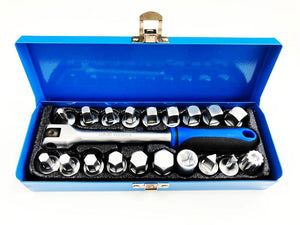 Mechanical tool set with wrench and sockets in a blue case on a white background