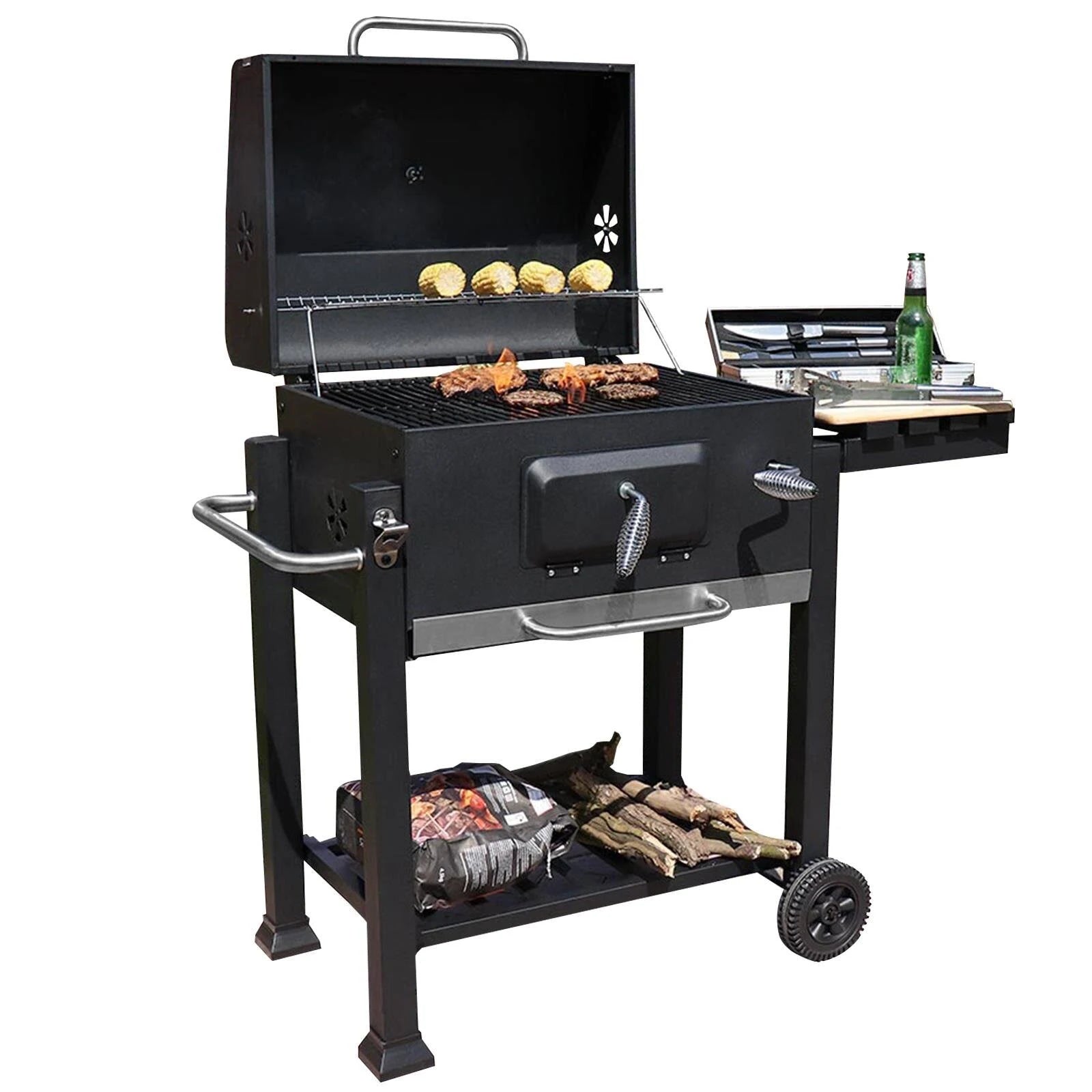 Outdoor Garden Smoker BBQ with Warming Rack and Side Shelf and Wheels