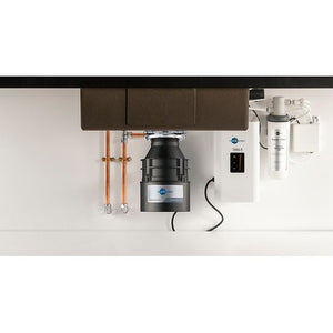 Under-sink plumbing system with a black pump and visible brand logo on a white countertop.