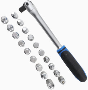 Ratchet wrench set with various sized sockets on a white background