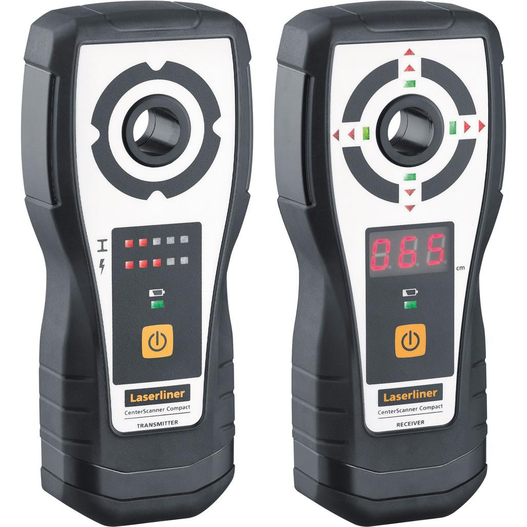 Two Laserliner device transmitters on a white background