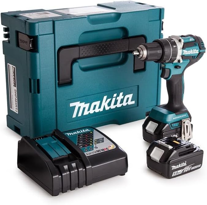 Makita DHP484RTJ 18V Li-Ion LXT Brushless Combi Drill set, 2 x 5.0 Ah Li-Ion Batteries Charger  and Makpac-case