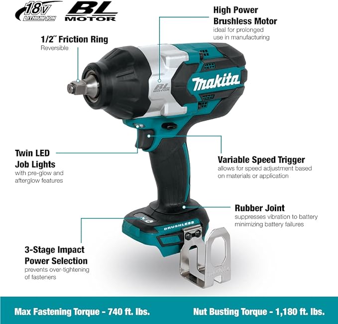 Makita DTW1002Z 18V Li-Ion LXT Brushless Impact Wrench - Batteries and Charger Not Included