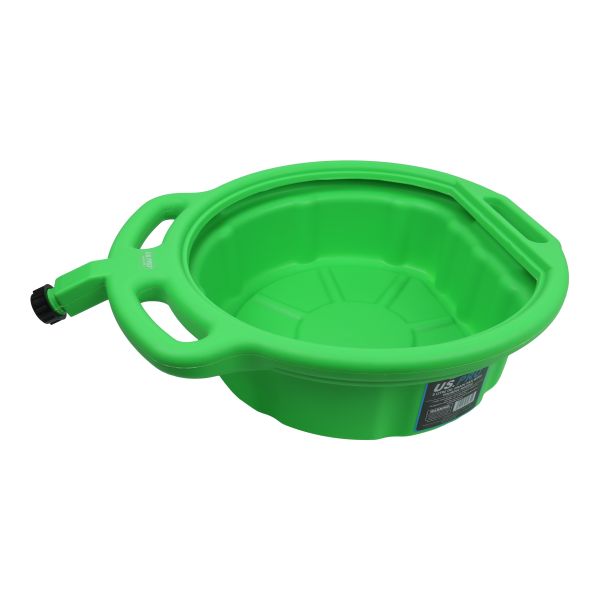 Green plastic funnel with handle on a white background