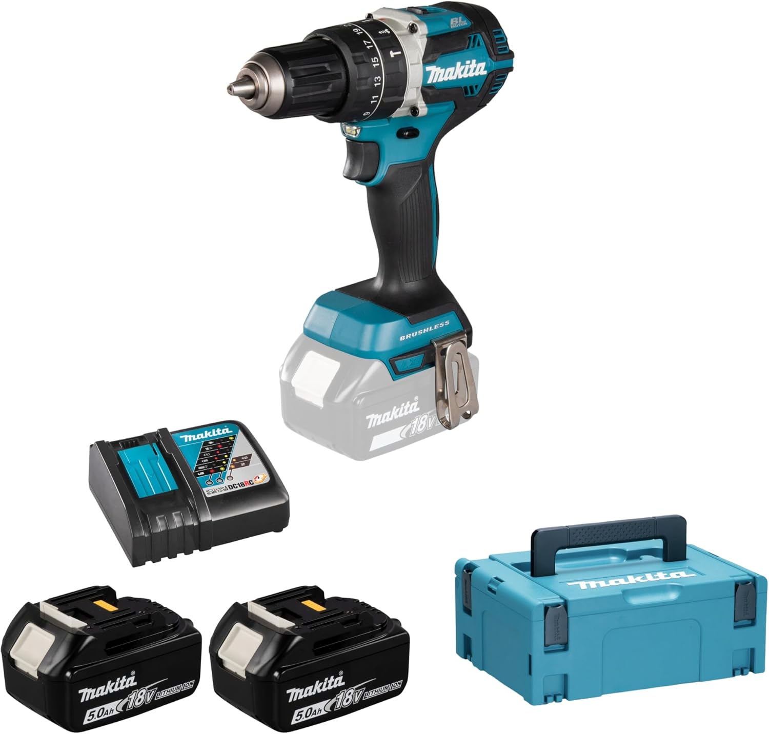 Makita DHP484RTJ 18V Li-Ion LXT Brushless Combi Drill set, 2 x 5.0 Ah Li-Ion Batteries Charger  and Makpac-case