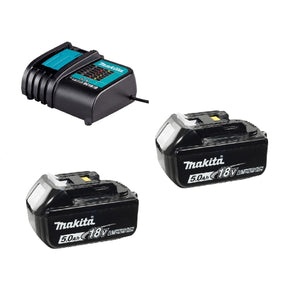 Two Makita 18V batteries and a charger on a white background