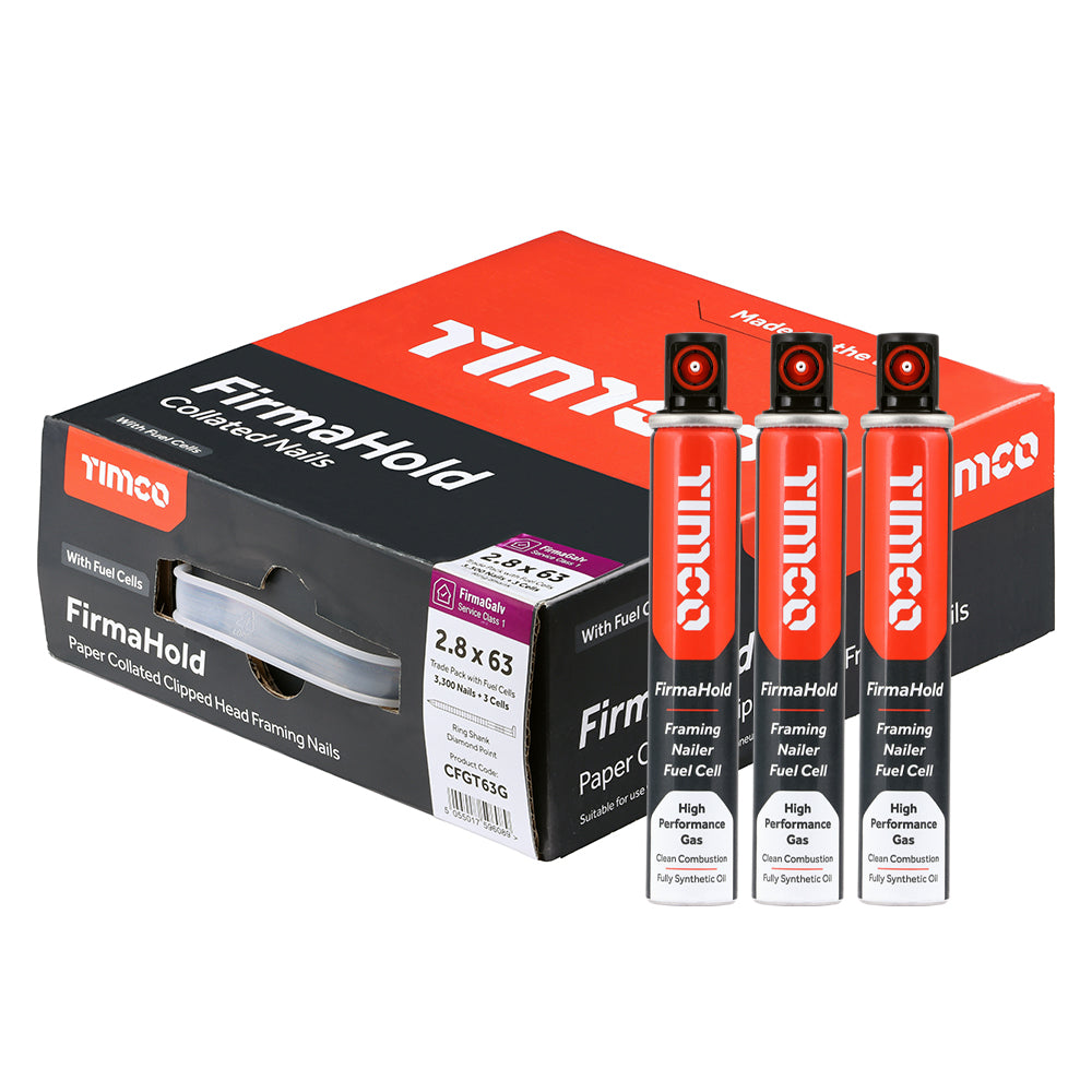 Timco FirmaHold Collated Clipped Head Nails & Fuel Cells Ring Shank FirmaGalv 2.8x63/3CFC (Pack of 3300) CFGT63G