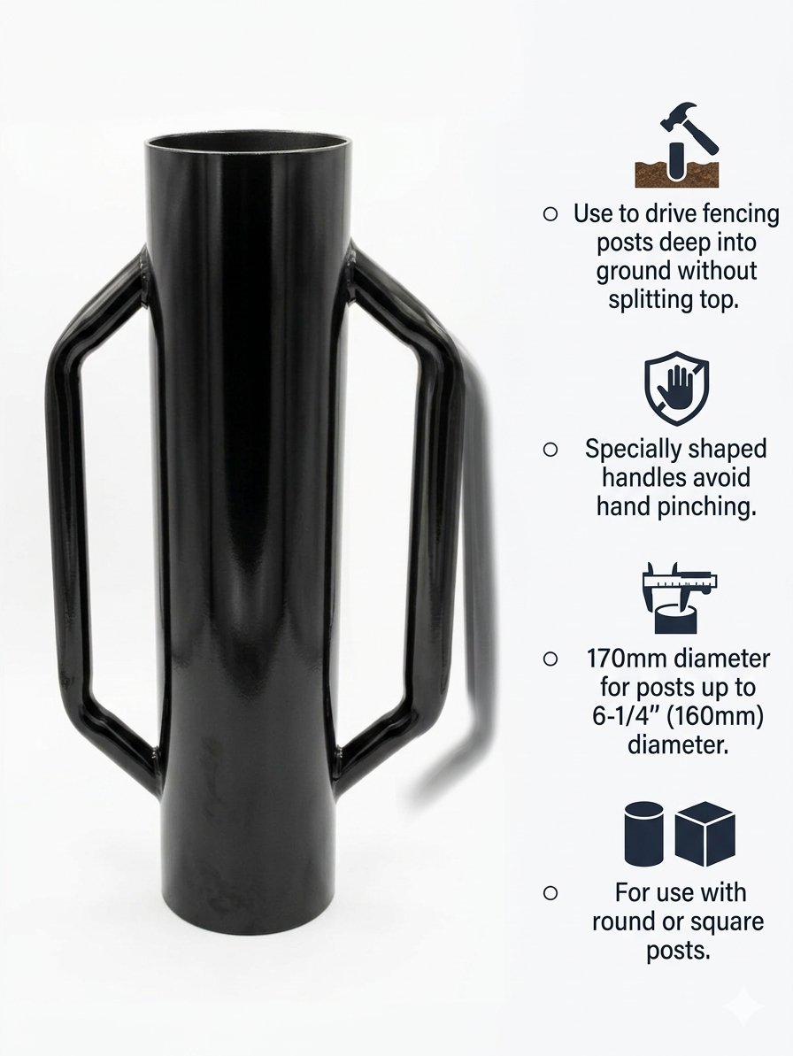 Heavy Duty Fence Post Driver – 170mm (6-3/4") x 160mm (6-1/4"), Anti-Pinch Handles, Post Pounder for Fencing & Ground Stakes
