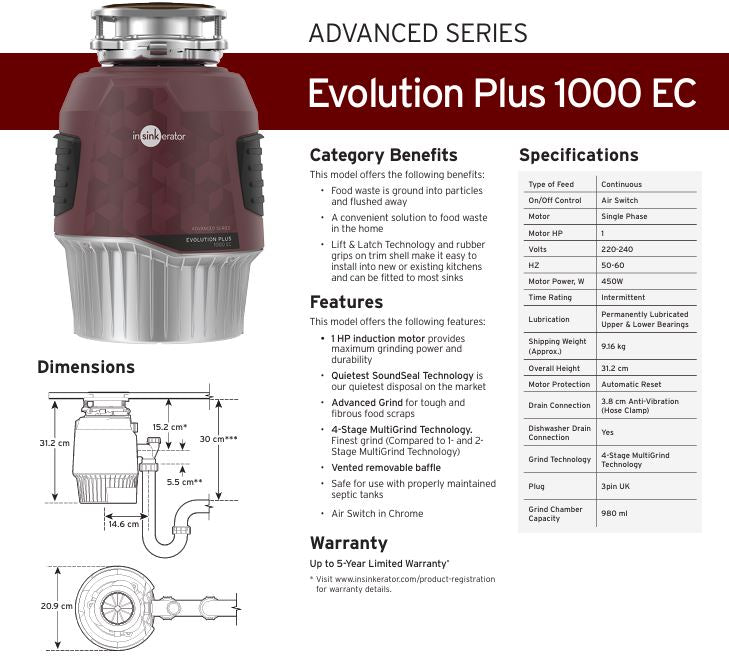 Insinkerator evolution Plus 1000 EC food waste disposal with air switch