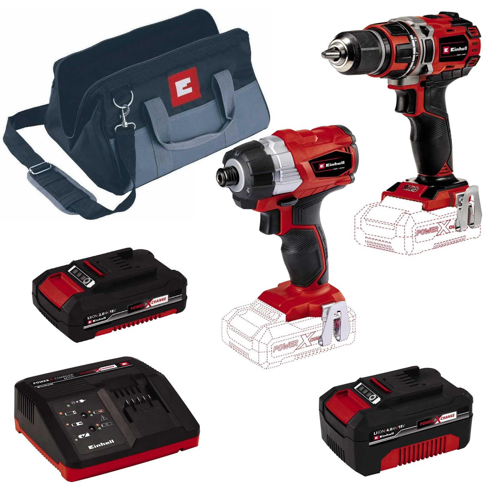 Einhell Power X-Change 18V Combi Drill and Impact Driver 60Nm, Battery and Charger and Tool Bag