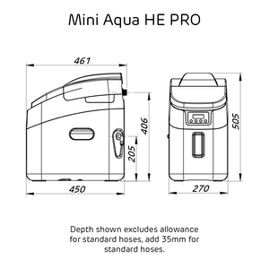 Technical drawing of Mini Aqua HE PRO with dimensions on a white background