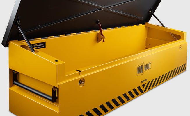 Yellow storage box with a black lid on a white background
