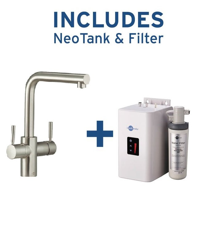 Insinkerator NeoTank boiling hot water pack, 3N1 L Shape Brushed Steel Tap, Neotank & and filter