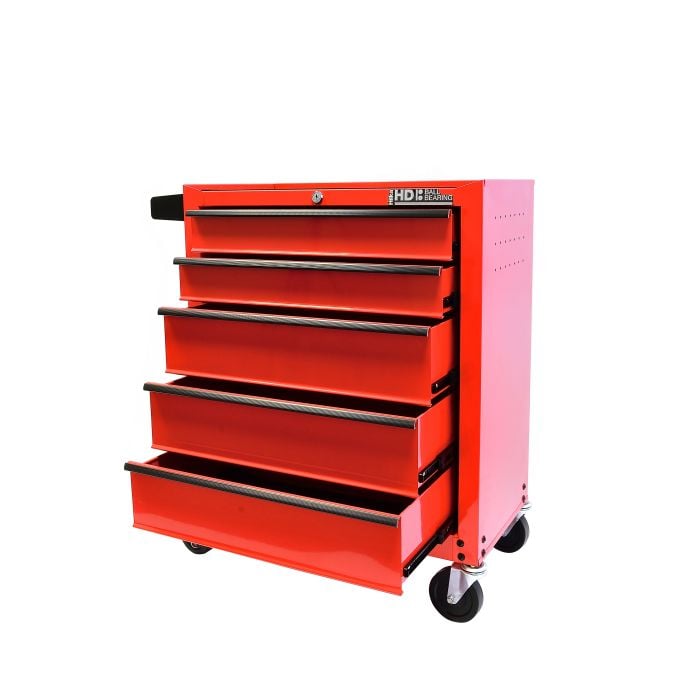 Red tool chest with multiple drawers on a white background