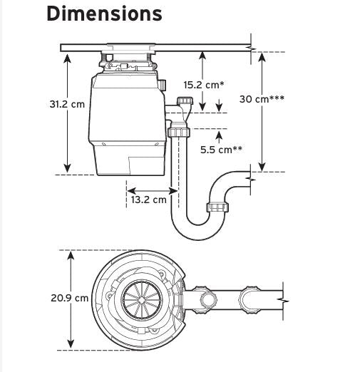 Technical drawing of a kitchen sink installation with dimensions