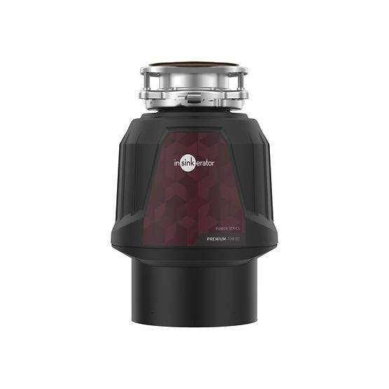 Black and silver garbage disposal unit on a white background