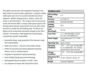 Technical specifications of a cross line laser with 3-leg tripod on a white background