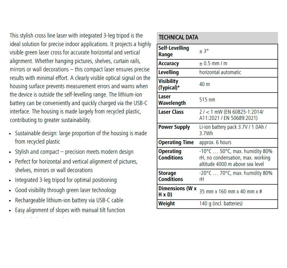 Technical specifications of a cross line laser with 3-leg tripod on a white background