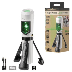 Laser level with green laser beam and packaging on a white background