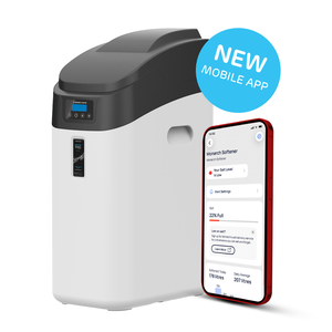 Water softener with a smartphone displaying a mobile app on a white background