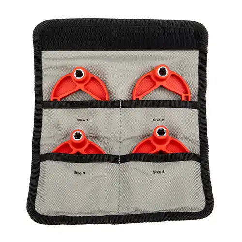 Set of red wrench tools ina  gray pouch
