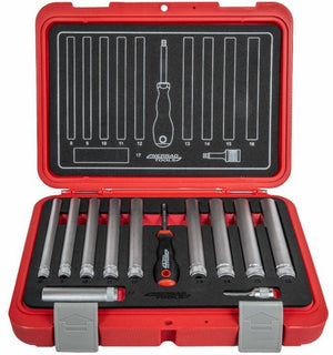 Set of screwdrivers in a red and black case with a clear background