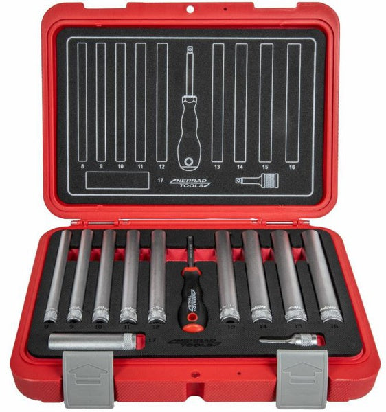 Set of screwdrivers in a red and black case with a clear background