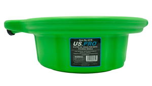 Green plastic drain pan with pouring nozzle on a white background
