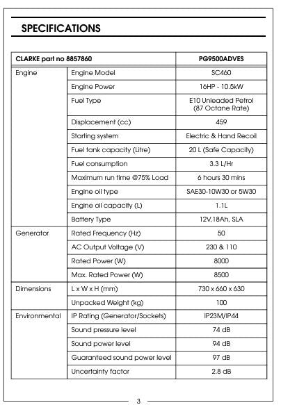 Clarke EURO5 8.5kW dual voltage petrol generator (230V/110V), PG9500ADVES