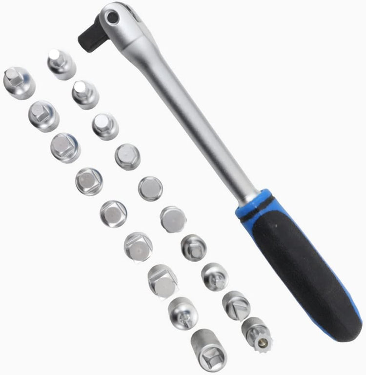 Ratchet wrench set with various sized sockets on a white background
