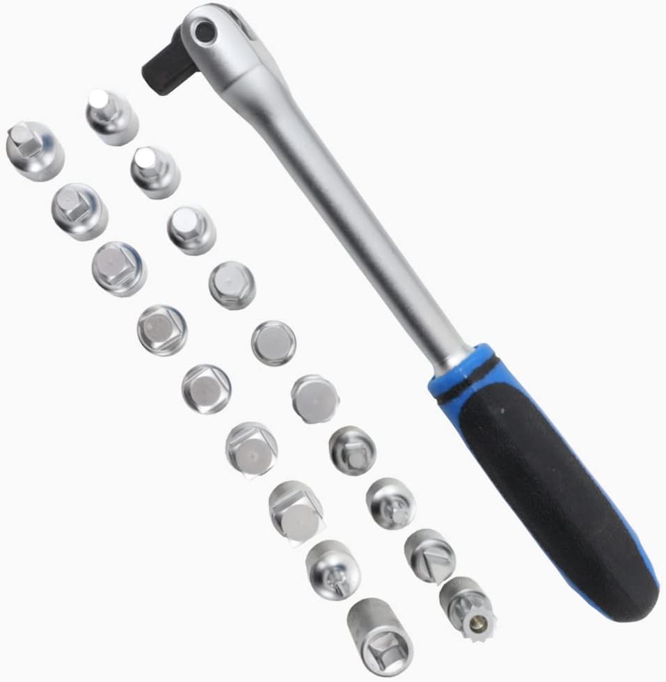 Ratchet wrench set with various sized sockets on a white background