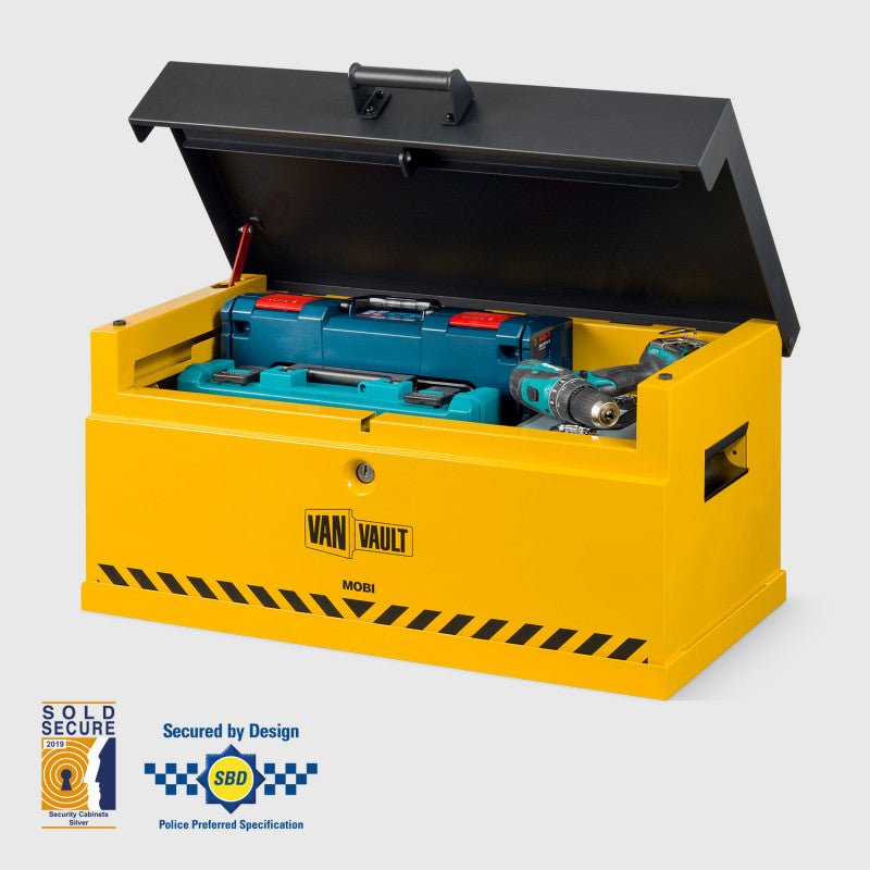 Yellow Van Vault safe with tools inside on a white background