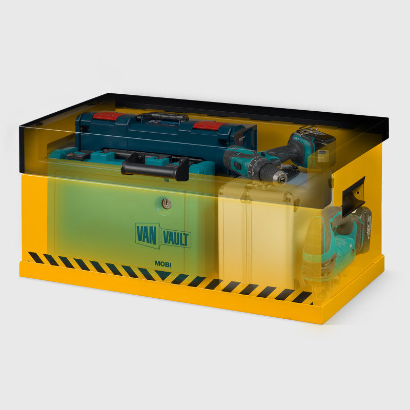 Yellow Van Vault storage box with transparent sides on a white background