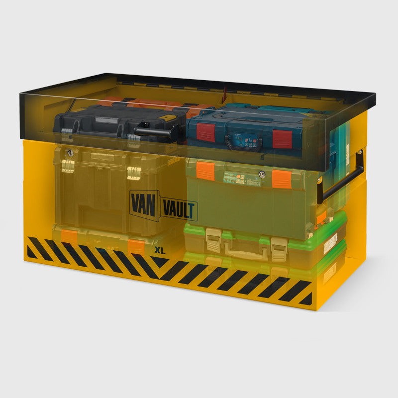 Stack of Van Vault storage boxes on a light gray background