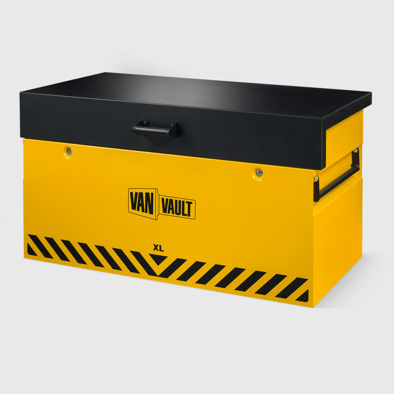 Yellow storage box with black lid and 'Van Vault' branding on a light gray background