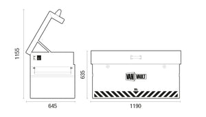 Technical drawing of a Van Vault safe with dimensions labeled