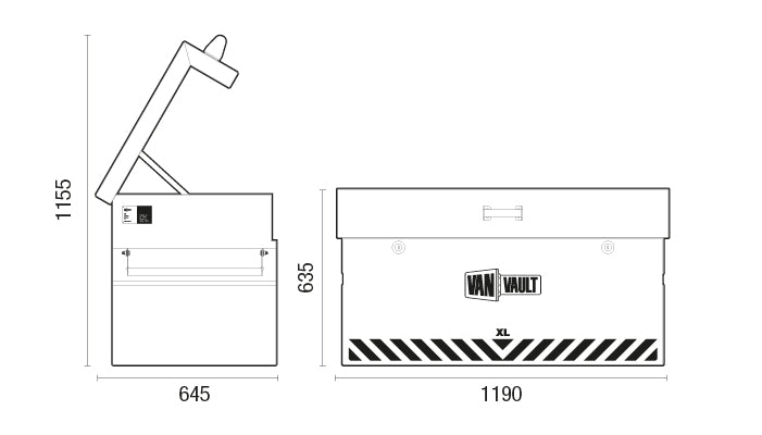 Technical drawing of a Van Vault safe with dimensions labeled
