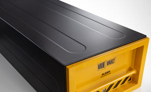 Van Vault Slider storage box with black lid and yellow body on a white background