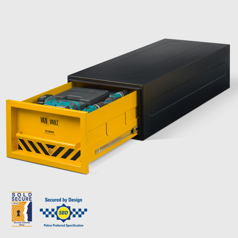 Black and yellow safe with open yellow drawer on a white background
