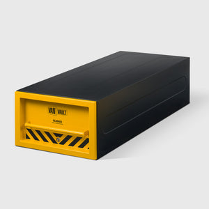 Black and yellow storage box with 'Van Vault' branding on a white background