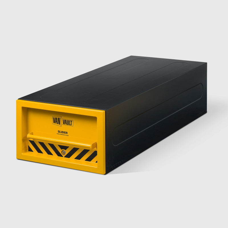 Black and yellow storage box with 'Van Vault' branding on a white background