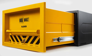 Yellow storage box with 'Van Vault' branding on a white background