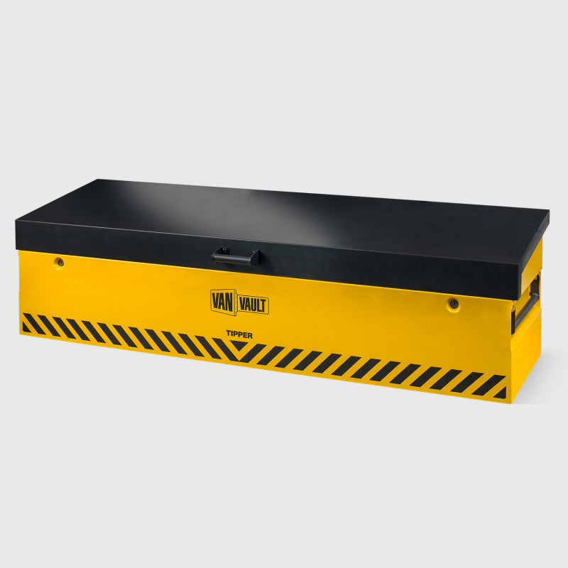 Yellow and black Van Vault storage box on a light gray background