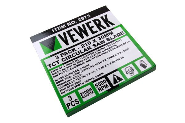 Vewerk 2973 3 Pack - 210 X 30mm Tct Circular Saw Blade 24T 40T 48T