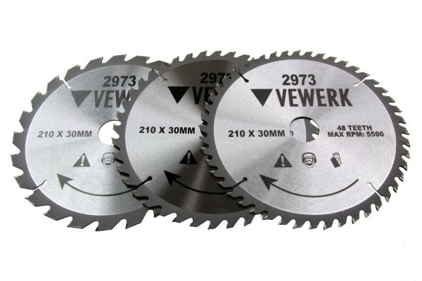 Vewerk 2973 3 Pack - 210 X 30mm Tct Circular Saw Blade 24T 40T 48T