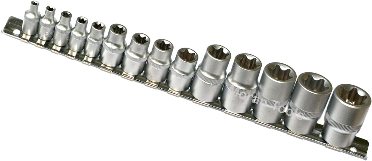 14Pc Chrome Vanadium Female Tx Star Torx Star Socket Set On Sockets Rail E4-E24