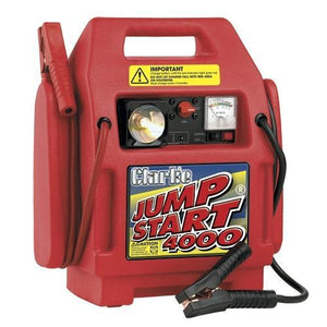 A red Clarke Heavy Duty Jumpstart 4000 unit with a battery and cables, designed for vehicle jump starting.