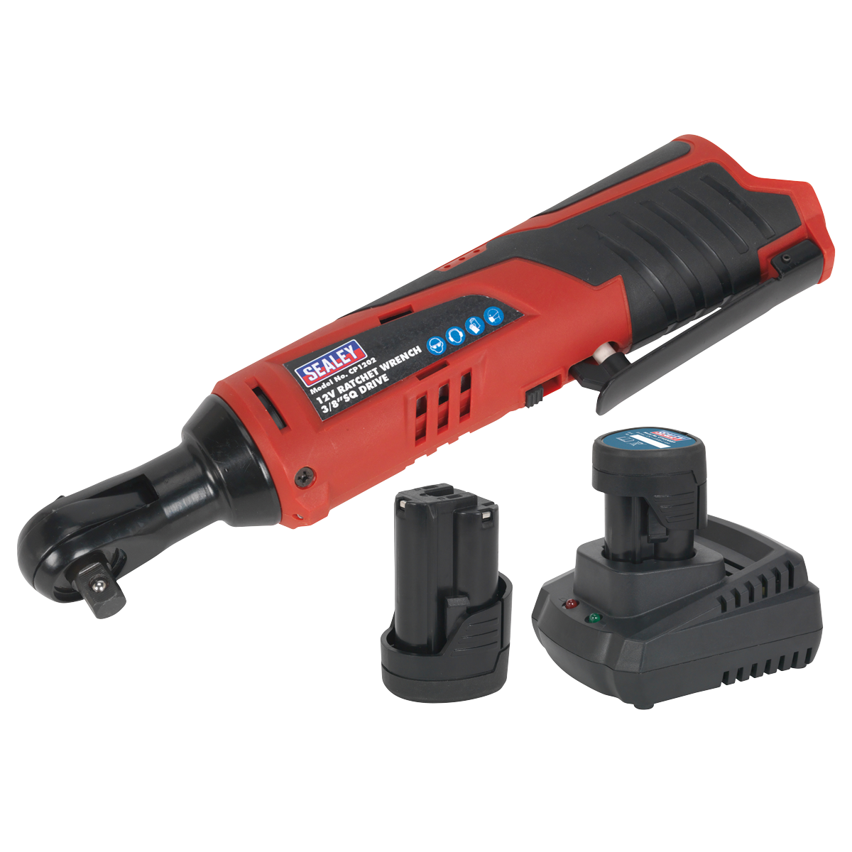 Sealey-Sealey-CP1202KIT-12V-Ratchet-Wrench-Kit-3/8"-Sq-Drive-2-Batteries,-12-V,-Red/Black,-3/8-Inch-CP1202KIT