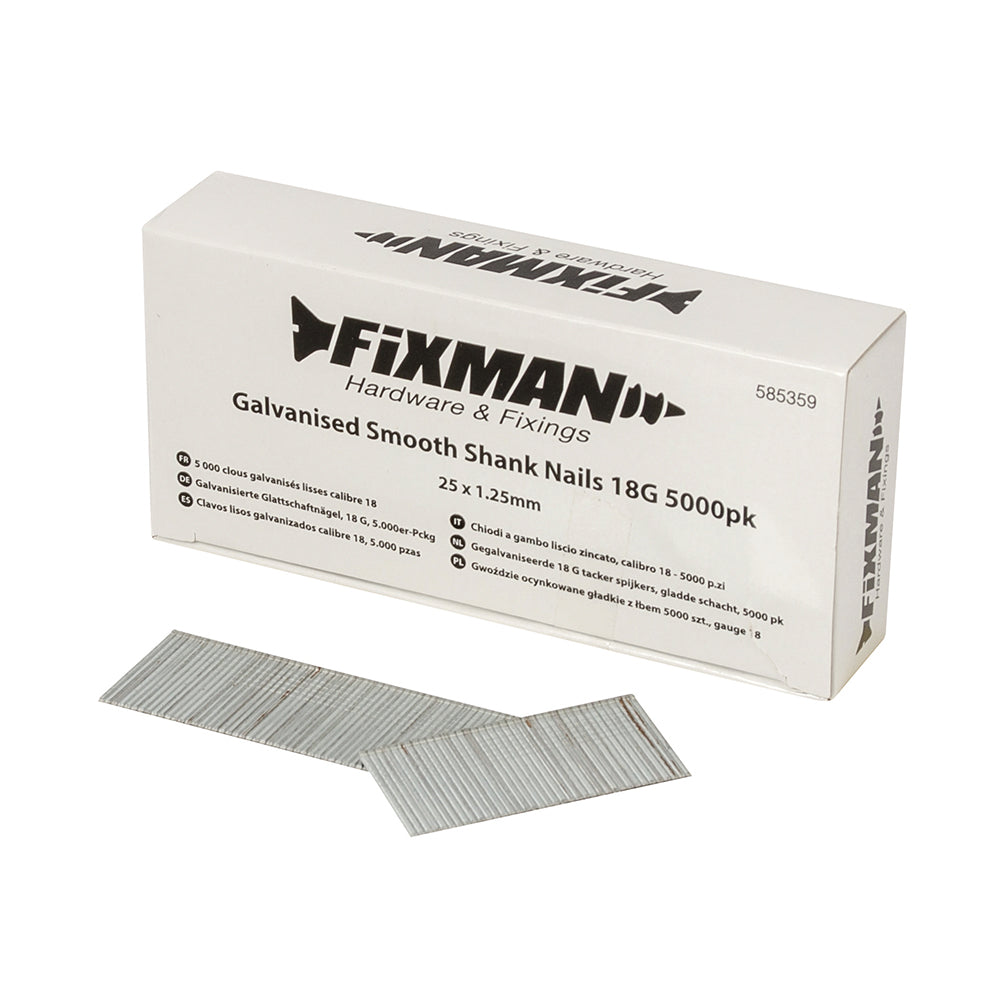 Fixman 585359 Galvanised Smooth Shank Nails 18G 5000pk 25 x 1.25mm